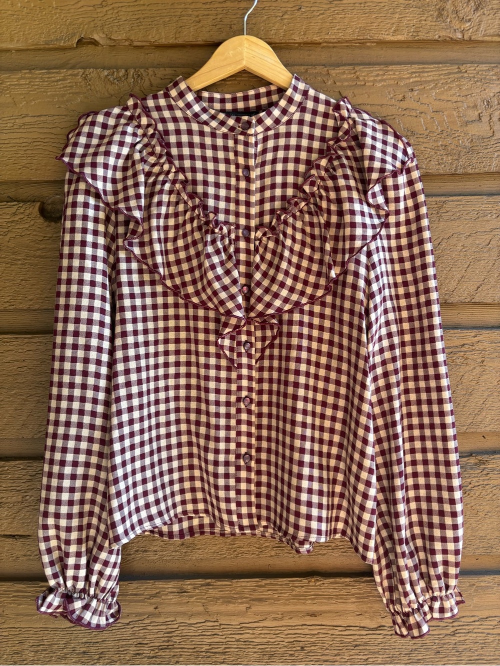 NWT Zara Womens Burgundy Gingham Ruffle Button-Front Top
